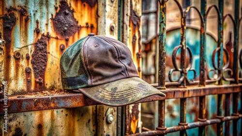 Weathered cangaceiro hat slouched on rusty metal gate, black spray paint graffiti scrawls abstract patterns, urban decay backdrop, faded textures, and worn leather folds. photo