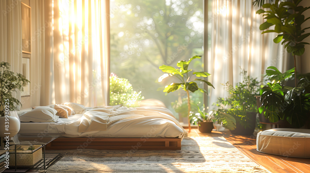 Interior of modern bedroom with comfortable bed, sun rays and plants ...