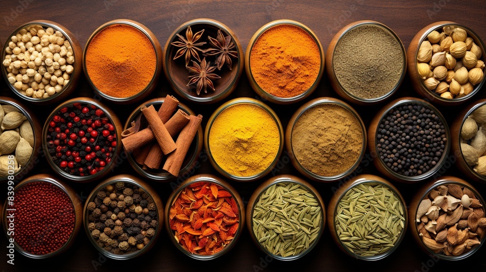Fototapeta premium Panorama spices and herbs for food labels. Seasonings and flavors background