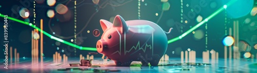 A classic piggy bank with an open lid and coins dropping into it with an upward green graph in the backdrop photo