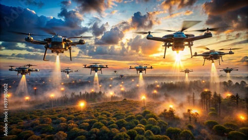 Futuristic aerial surveillance scenario featuring advanced autonomous drones with glowing advanced ai processors, hovering above a dusty battlefield landscape at dawn. photo
