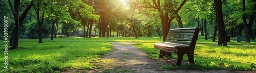 A park with a bench and a path. The path is paved and surrounded by trees. The sun is shining brightly  creating a warm and inviting atmosphere