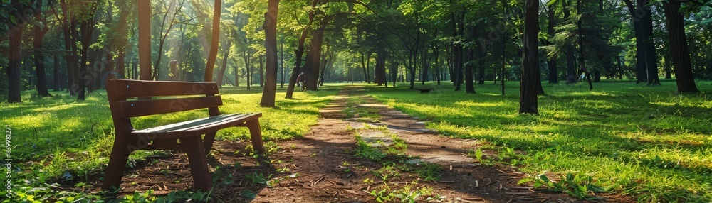 A park with a bench and a path. The path is paved and surrounded by trees. The sun is shining brightly, creating a warm and inviting atmosphere A park with a bench and a path. The path is paved and surrounded by trees. The sun is shining brightly, creating a warm and inviting atmosphere