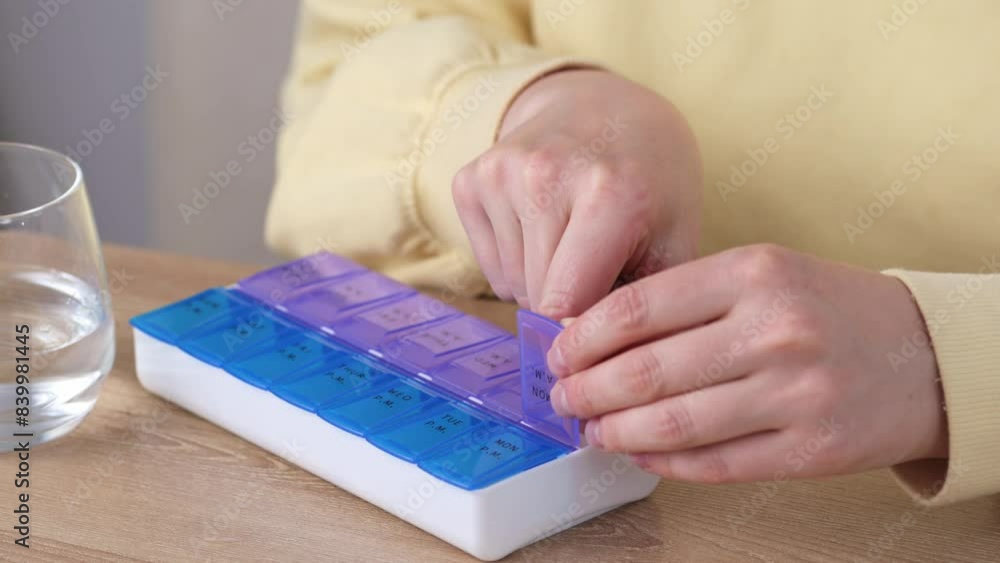 Woman is taking pill and drinking water. Woman take prescription medicine from weekly pill organizer. Take nutritional supplement and vitamin in capsule every day. Woman is taking pill and drinking water. Woman take prescription medicine from weekly pill organizer. Take nutritional supplement and vitamin in capsule every day.