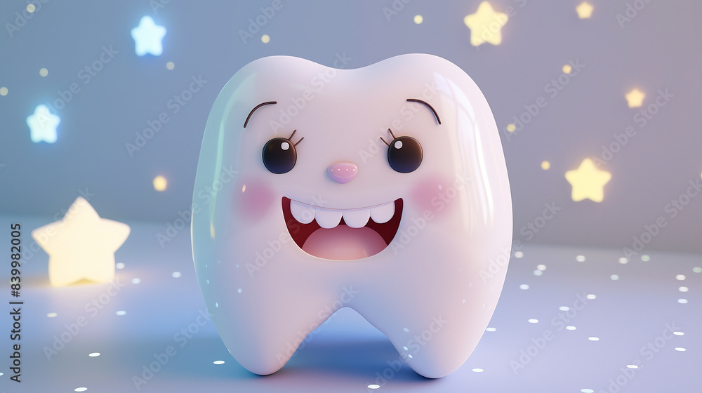 White tooth, cute cartoon character design, smiling face, light blue background with shining stars, vector illustration style, flat style, simple lines and shapes, high resolution, high detail, 3D White tooth, cute cartoon character design, smiling face, light blue background with shining stars, vector illustration style, flat style, simple lines and shapes, high resolution, high detail, 3D