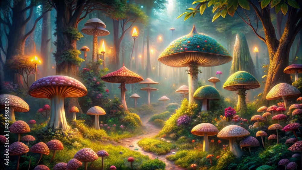 Fototapeta premium Soft, ethereal light illuminates a mystical forest clearing, showcasing vibrant, intricately detailed mushrooms and lush foliage in a whimsical, dreamlike atmosphere.