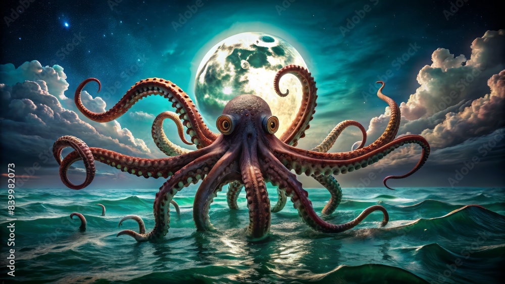 Fototapeta premium A monstrous octopus emerges from the dark turquoise sea, its eight writhing tentacles snaking upwards towards a eerie, moonlit sky.