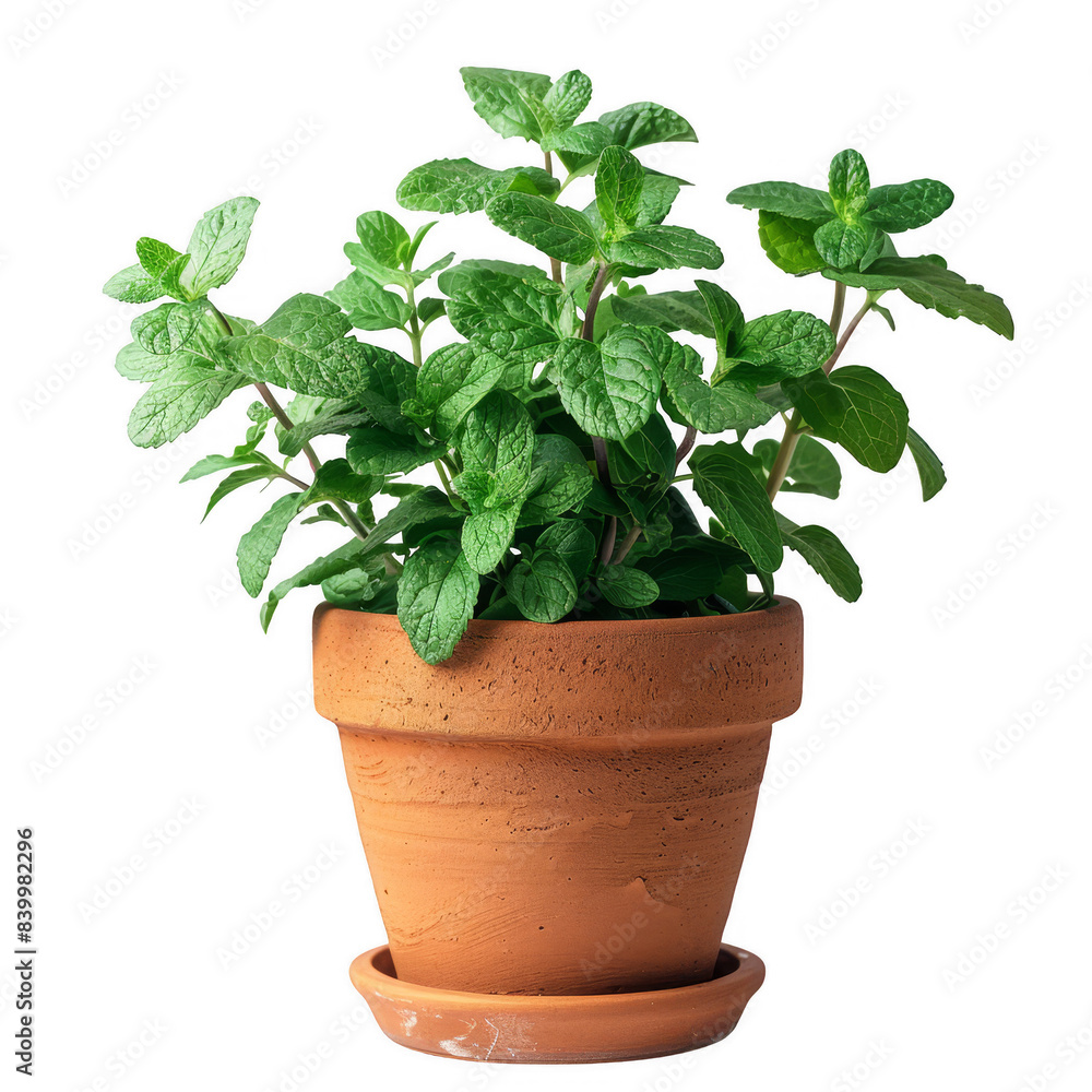 A lush green mint plant in a terracotta pot, isolated on a white background. The plant is healthy and vibrant. A lush green mint plant in a terracotta pot, isolated on a white background. The plant is healthy and vibrant.