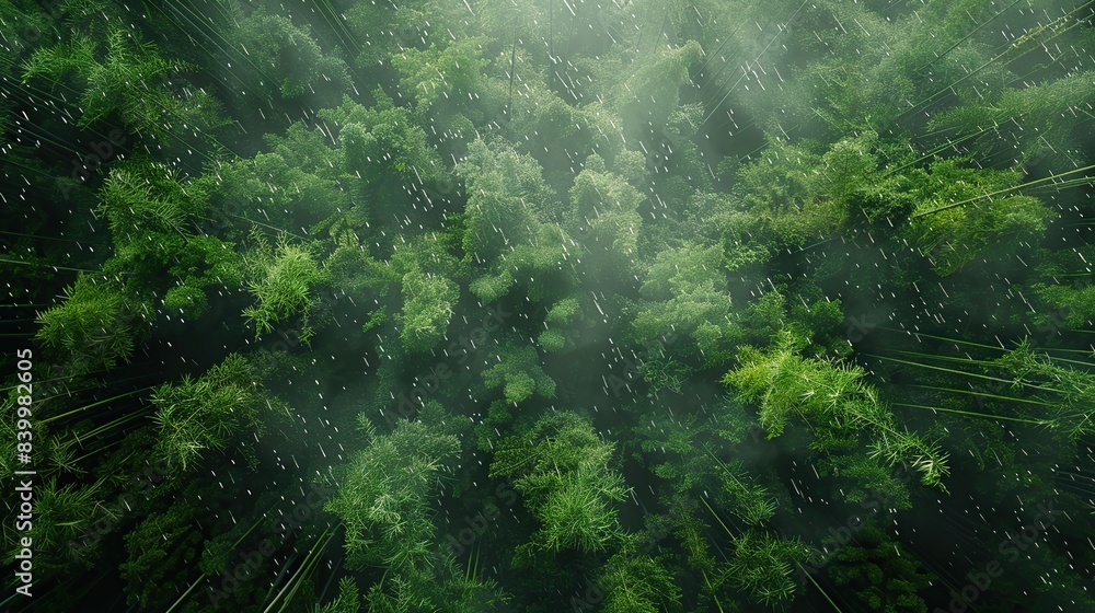 This is an aerial, overhead shot of a bamboo forest with rain falling vertically, high quality, high definition, masterpiece. copy space for text. This is an aerial, overhead shot of a bamboo forest with rain falling vertically, high quality, high definition, masterpiece. copy space for text.
