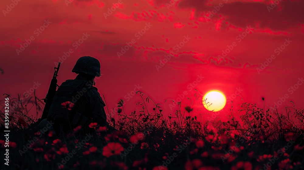 Fototapeta premium In the Sun's Embrace: Soldier's Silhouette Illustration Bathed in Afternoon Light