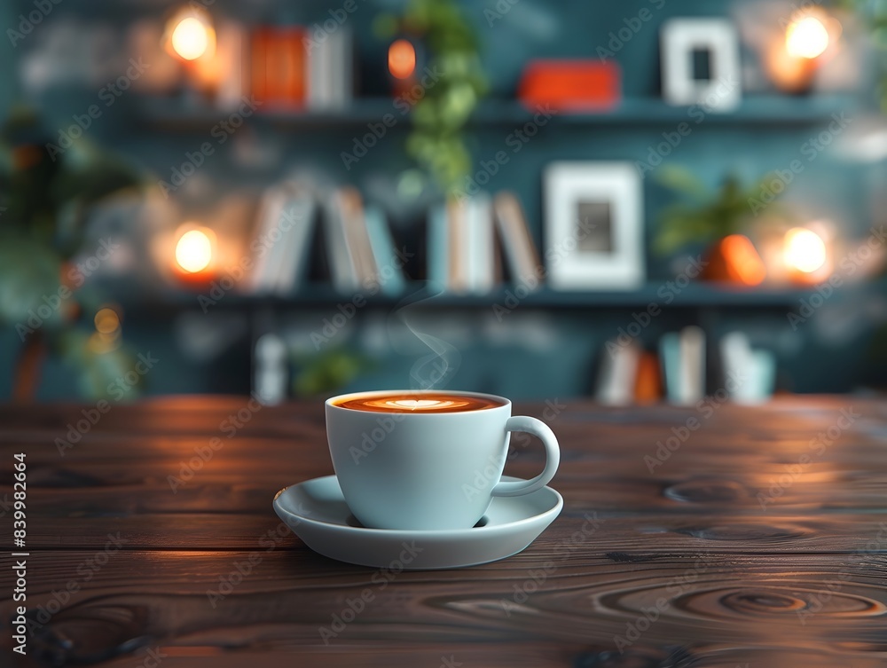 Fototapeta premium Sophisticated Espresso Moment in Cozy Office Setting with Bookshelves and Modern Decor