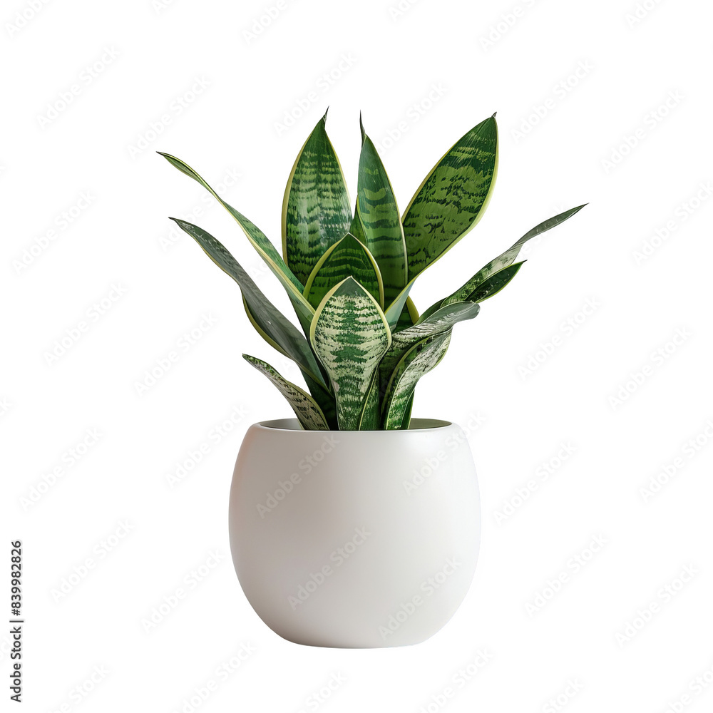 A potted snake plant with green and yellow striped leaves in a white pot. A potted snake plant with green and yellow striped leaves in a white pot.