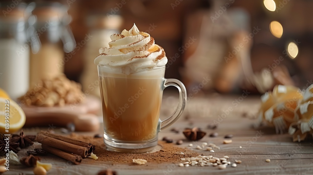 Cozy Coffee Cup with Cream Swirl in Rustic Kitchen Setting Cozy Coffee Cup with Cream Swirl in Rustic Kitchen Setting