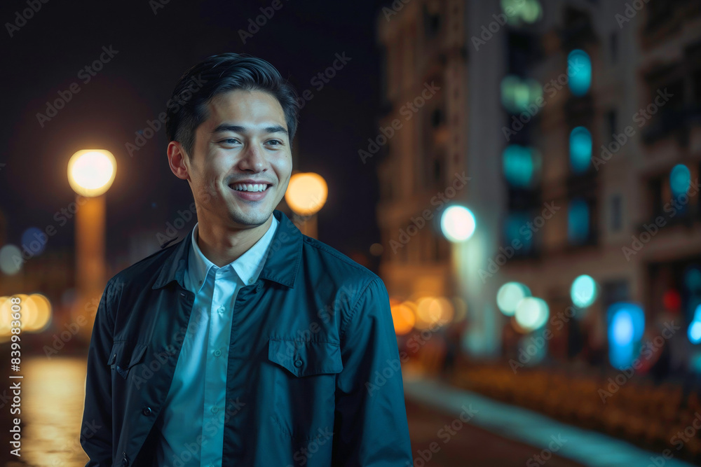Fototapeta premium Asian man is smiling in front of a building at night with copy space