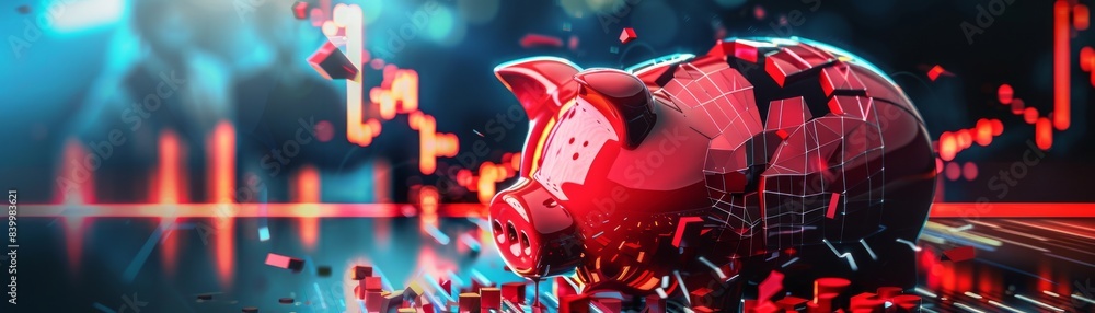 Fototapeta premium A broken piggy bank with sad people in the background and a downward red graph, top view, symbolizing financial loss, futuristic tone, vivid color scheme