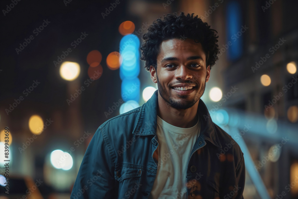 Portrait of happy African American man is smiling and looking at the camera on background of night city Portrait of happy African American man is smiling and looking at the camera on background of night city