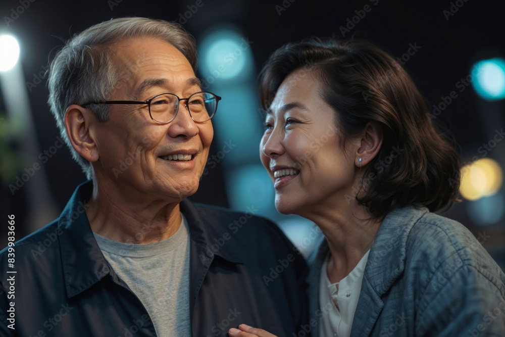 Happy elderly Asian couple in love in the night city Happy elderly Asian couple in love in the night city