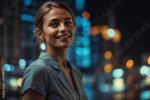 A woman is smiling in night city. The image has a bright and cheerful mood, with the woman's smile and the night city lights in the background with copy space