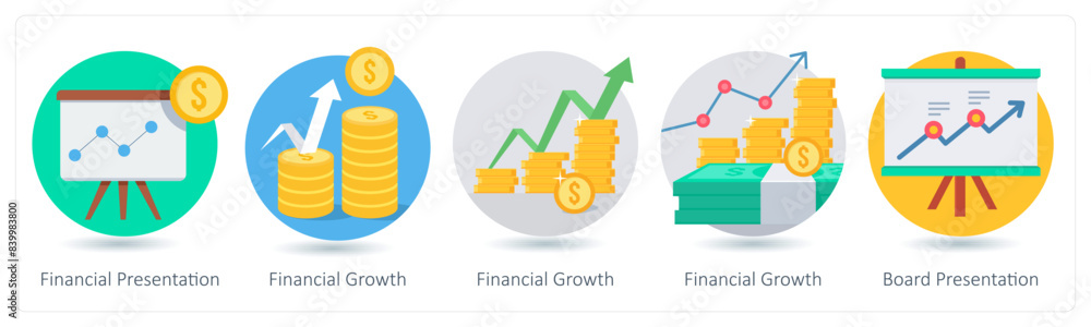 A set of 5 business icons as financial presentation, financial growth, board presentation A set of 5 business icons as financial presentation, financial growth, board presentation
