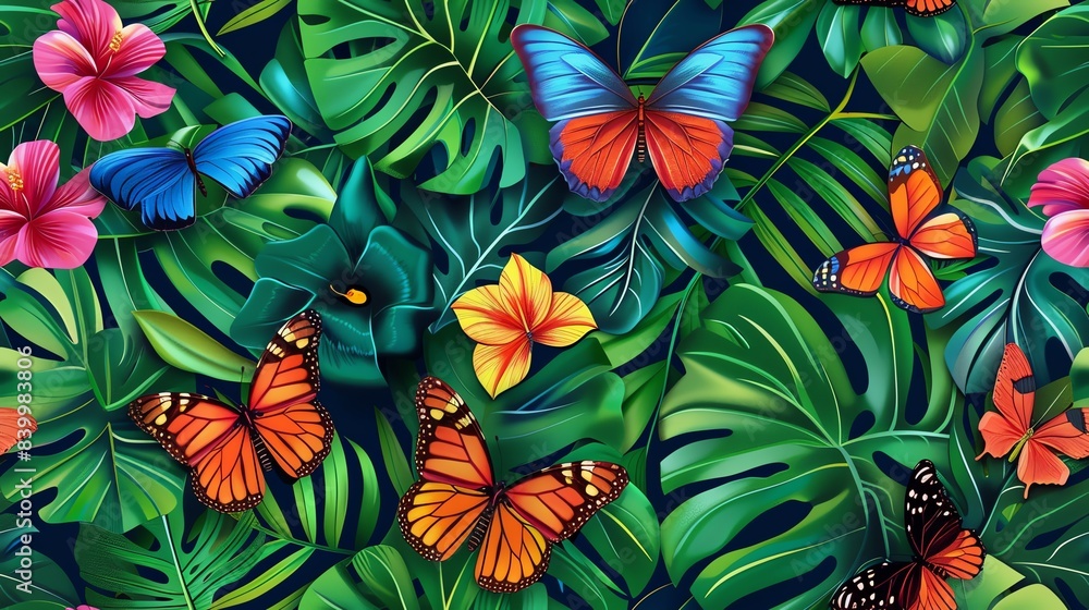 Naklejka premium seamless pattern tropical artwork Beautiful butterflies and flowers