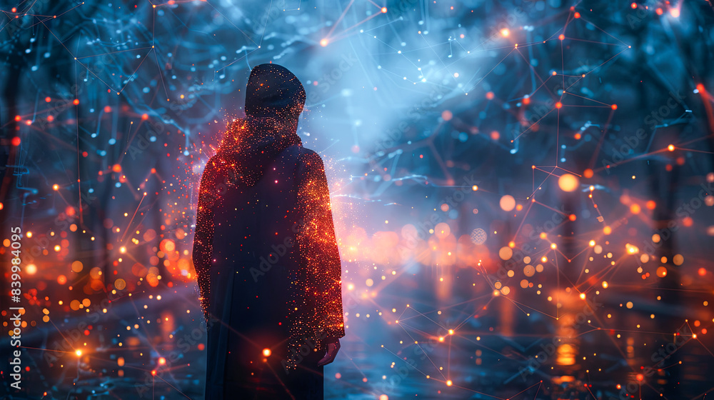 Man in winter forest with glowing garland. 3D Rendering Man in winter forest with glowing garland. 3D Rendering