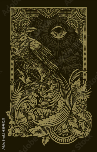 Vintage illustration raven engraving ornament, Illustration hand drawn, Vector illustration