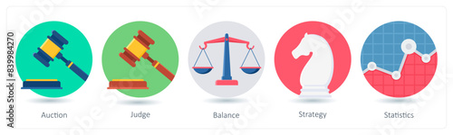 A set of 5 business icons as auction, judge, balance