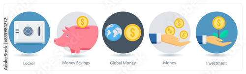 A set of 5 business icons as locker, money savings, global money, 