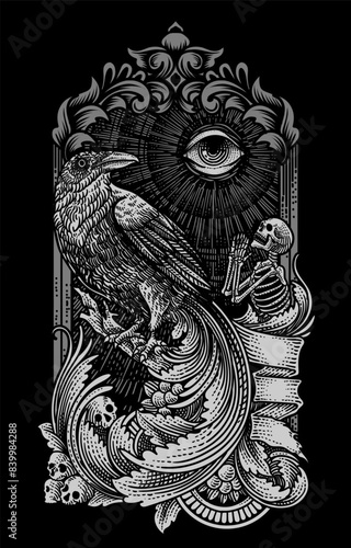 Illustration raven with skull engraving ornament frame - Vector Eps 10