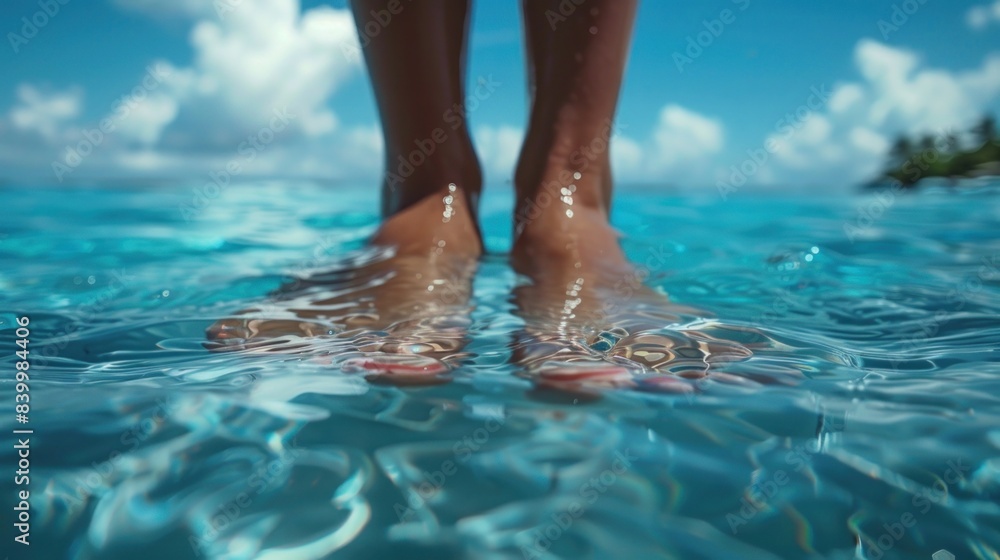 Close-up of a woman's feet dipped in crystal clear tropical waters, showcasing a relaxed vacation vibe.