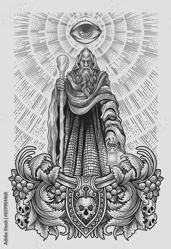 Illustration elder wizard with engraving ornament frame - Vector Eps 10