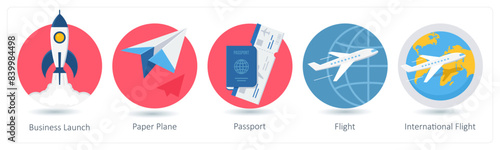 A set of 5 business icons as business launch, paper plane, passport
