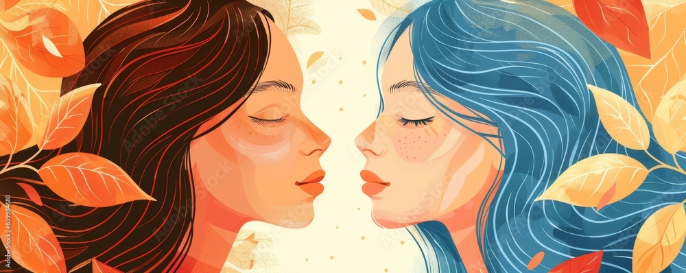 Create an illustration of two women with their faces turned towards each other Create an illustration of two women with their faces turned towards each other