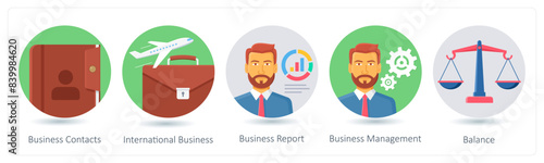 A set of 5 business icons as business contacts, international business, business report