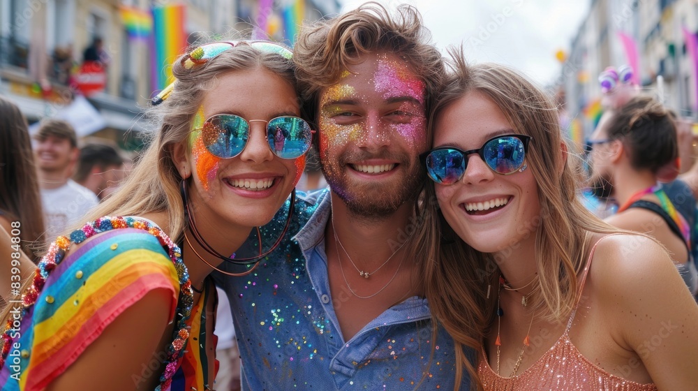 Group of three young friends at a Pride festival, covered in colorful glitter and smiling, symbolizing joy and diversity. Group of three young friends at a Pride festival, covered in colorful glitter and smiling, symbolizing joy and diversity.