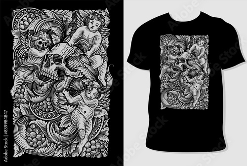 Illustration skull and angel with antique engraving ornament.