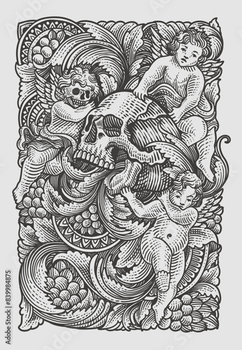 Illustration skull and angel with antique engraving ornament hand drawn - Vector Eps 10
