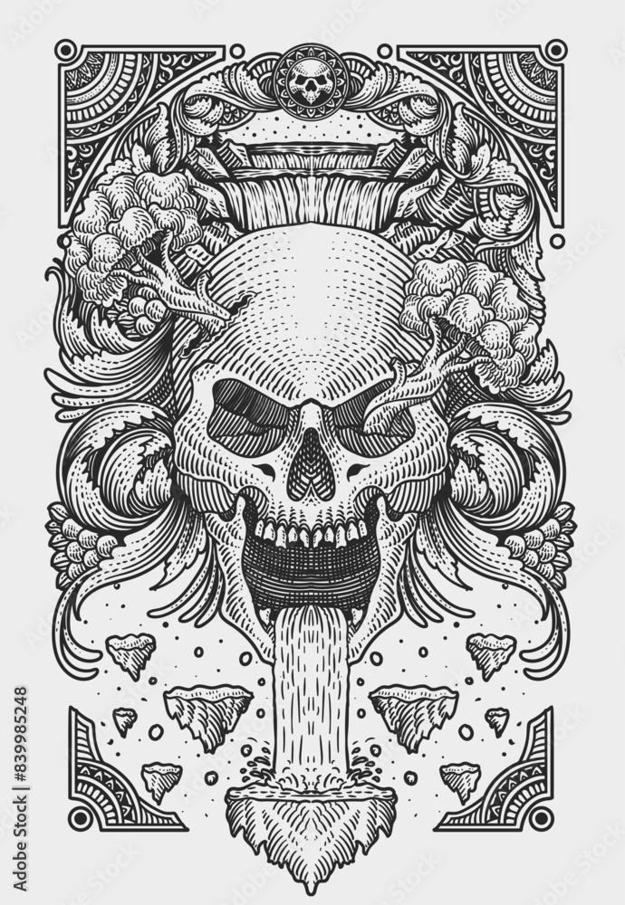 Illustration skull waterfall with engraving ornament style - Vector illustration Illustration skull waterfall with engraving ornament style - Vector illustration