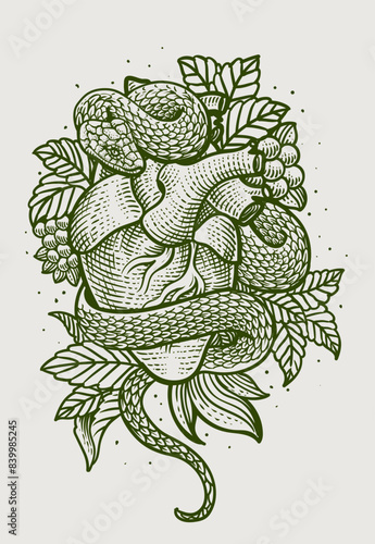 Illustration heart snake with engraving hand drawn style - Vector illustration