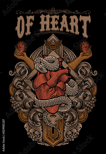 " OF HEART " Illustration heart snake with engraving hand drawn style - Vector Eps 10