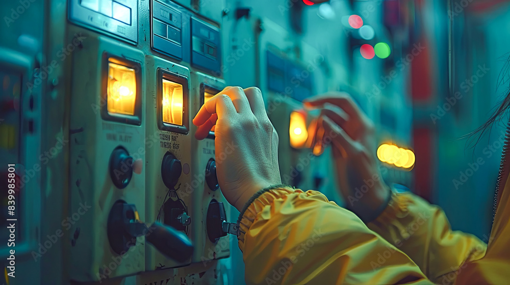Obraz premium Close up of female hands holding control panel of electric power plant.
