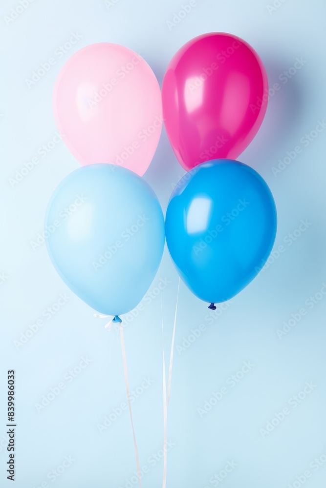 A bunch of balloons in pink, blue, and white. The balloons are floating in the air and are scattered all over the image. The balloons create a festive and joyful atmosphere