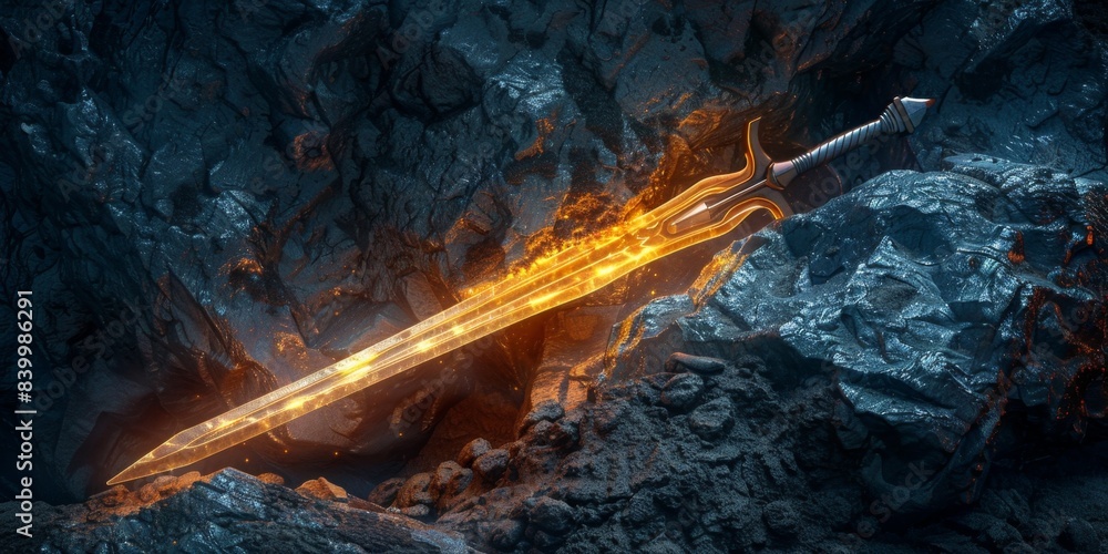 Glowing sword on dark rough rock background, game scene or adventure ...