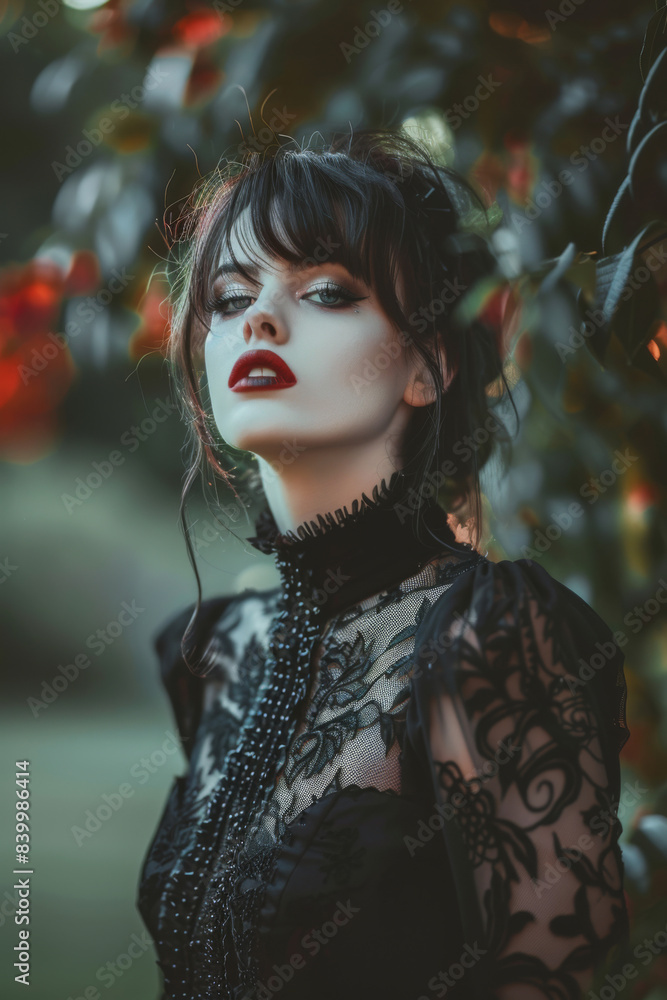 Fototapeta premium Portrait of a brunette Goth style inspired woman, fashion and make-up shoot. Gothic, Goth, Emo, New Wave, Dark style fashion. Dark smokey make-up, red lipstick. Dramatic. Elegant.