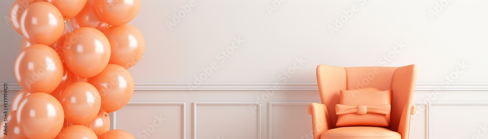 A chair with orange pillows sits in front of a vase of flowers and a balloon bouquet. The chair and flowers create a cozy and inviting atmosphere, while the balloons add a touch of whimsy A chair with orange pillows sits in front of a vase of flowers and a balloon bouquet. The chair and flowers create a cozy and inviting atmosphere, while the balloons add a touch of whimsy