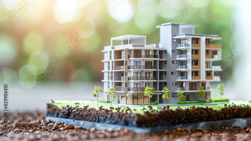 Modern Multifloor Residential Building Model. A detailed miniature model of a modern multifloor residential building set against a blurred natural background. photo