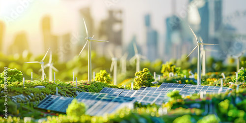 Eco-Friendly Urban Development Model.  A detailed model of an eco-friendly urban development project. The image showcases miniature buildings equipped with solar panels, wind turbines, and lush greene photo