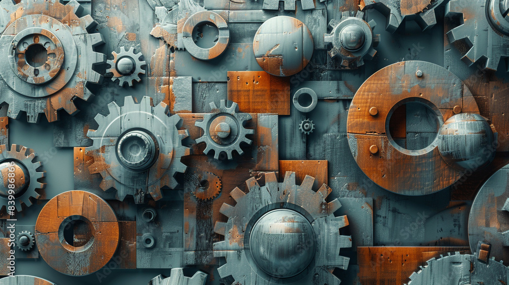 Background with wooden gears and spheres on a vintage blue background. Generative AI Background with wooden gears and spheres on a vintage blue background. Generative AI