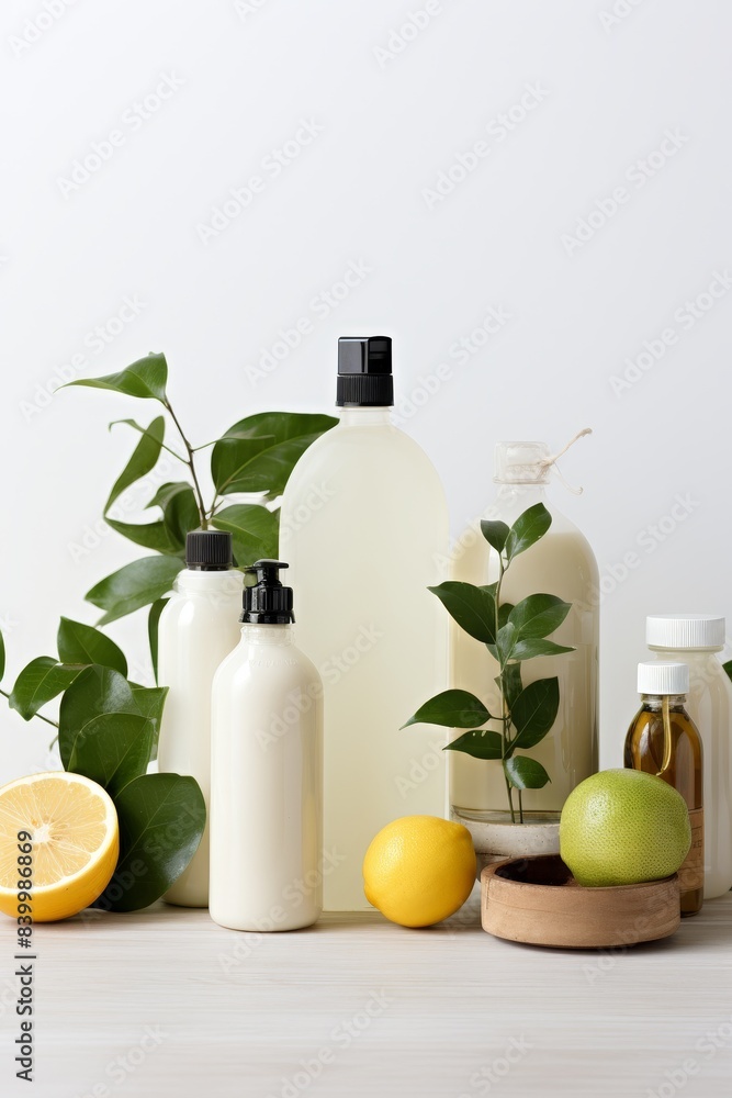 A white background with a lot of green plants and bottles of lotion and other items. Scene is calm and relaxing A white background with a lot of green plants and bottles of lotion and other items. Scene is calm and relaxing