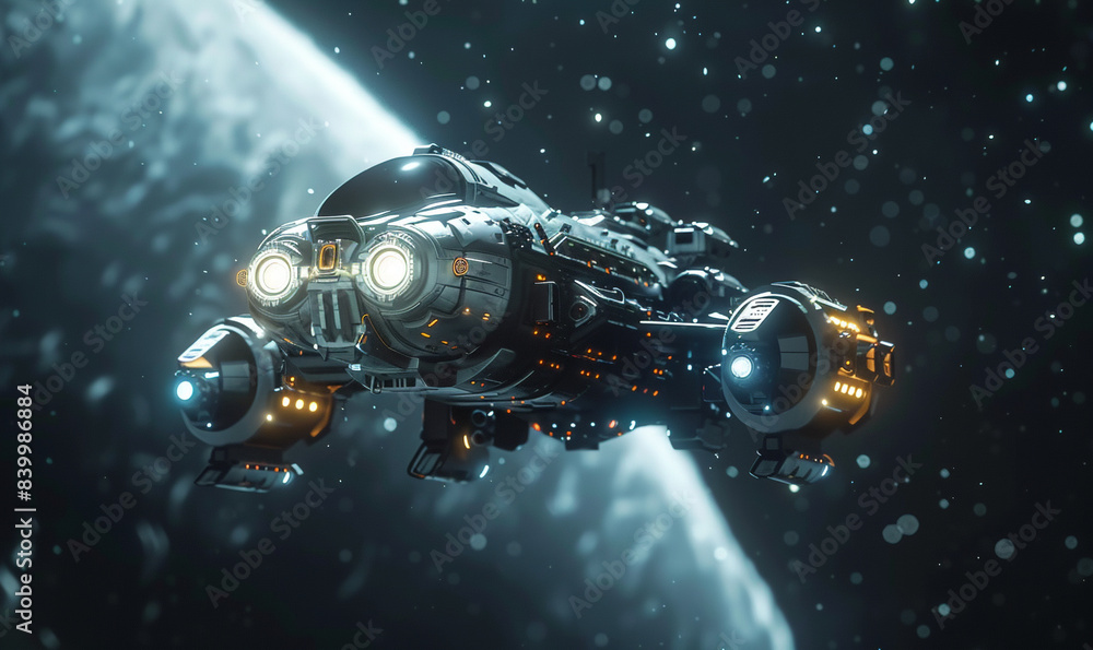 A small spaceship flying in space against a dark background. Generative AI A small spaceship flying in space against a dark background. Generative AI